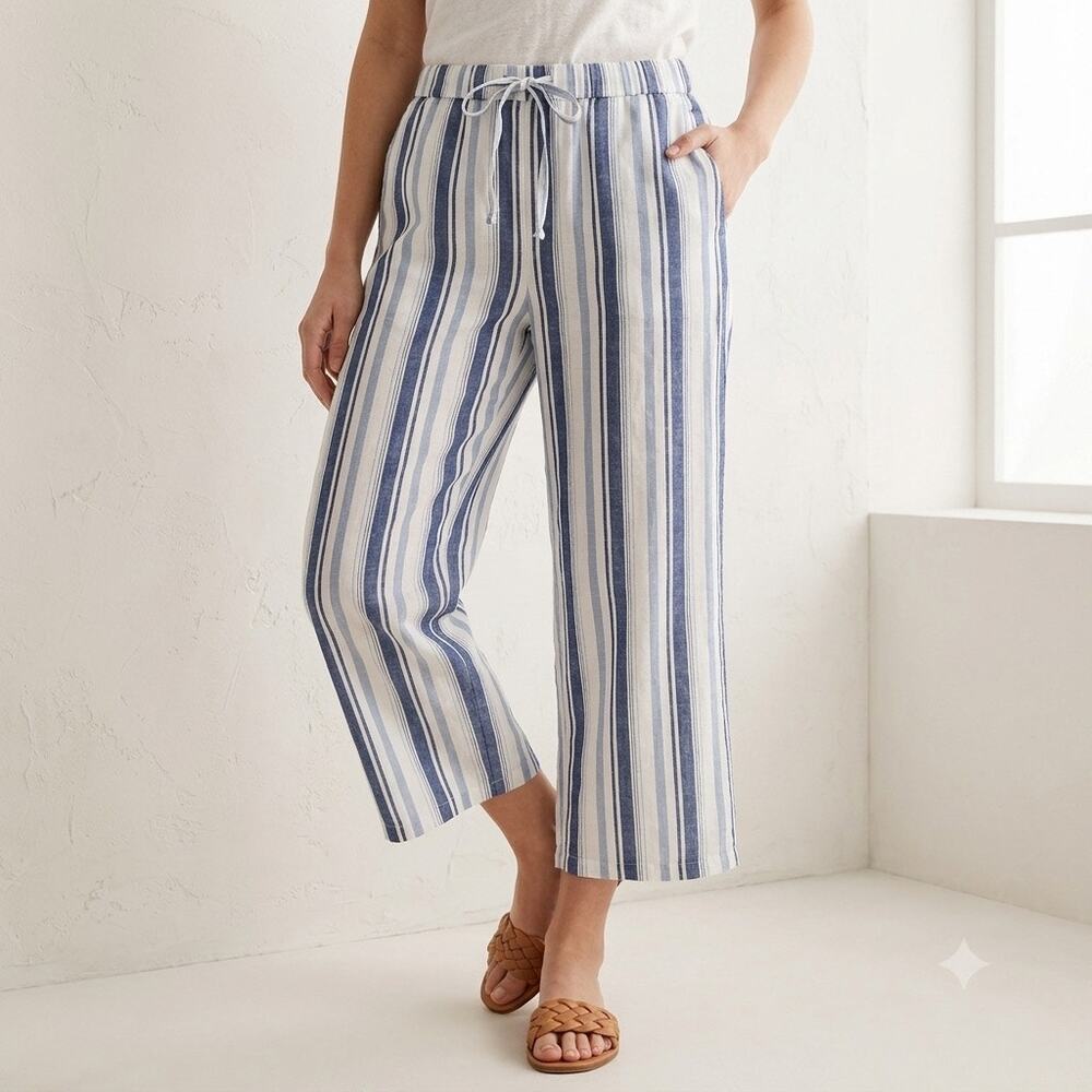 J.CREW |‎ Striped Linen Cotton Blend Drawstring Wide Leg Crop Pants | Size Large